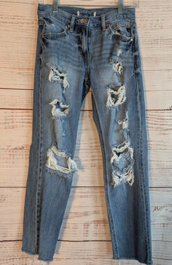 Kancan Distressed Straight Leg Jeans Size 0 23 Medium Wash Raw Hem Y2K Denim